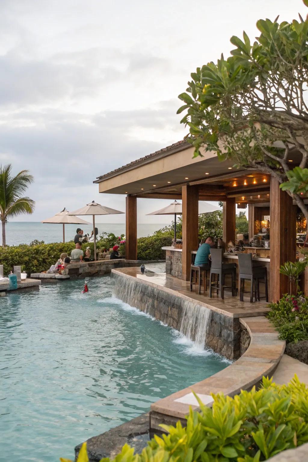 A water feature adds tranquility and elegance to your pool bar area.