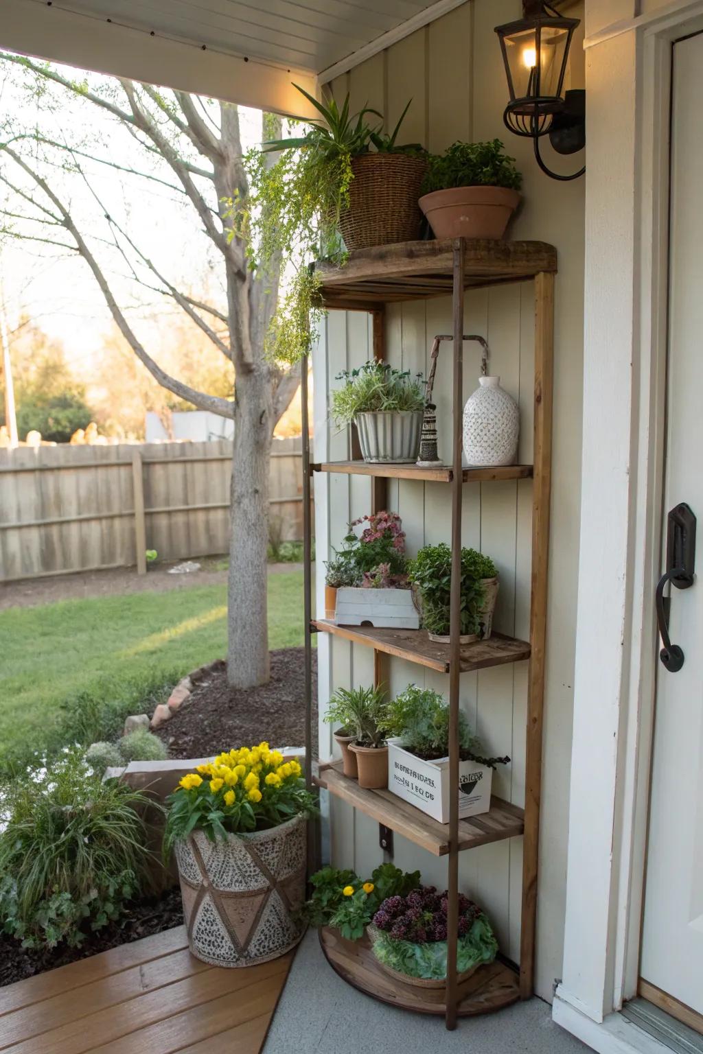 Corner shelves offer storage and display without taking up floor space.