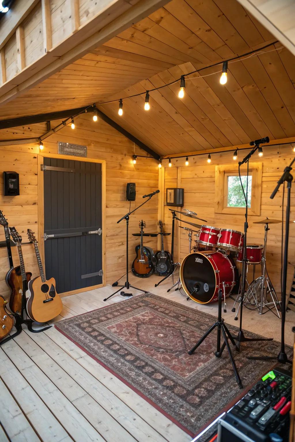 A compact music studio nestled in a small shed.