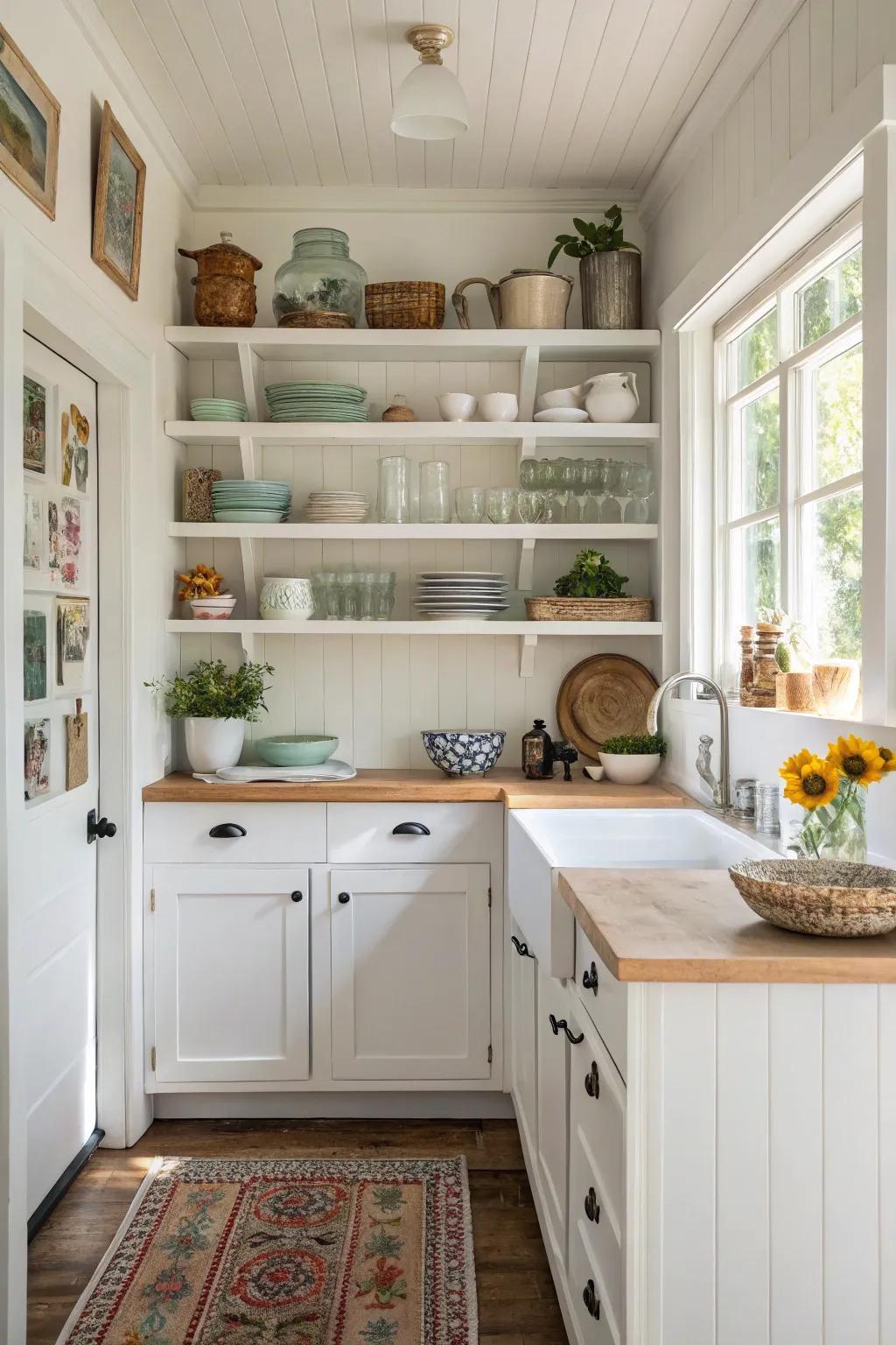 Open shelving adds airiness and display space.