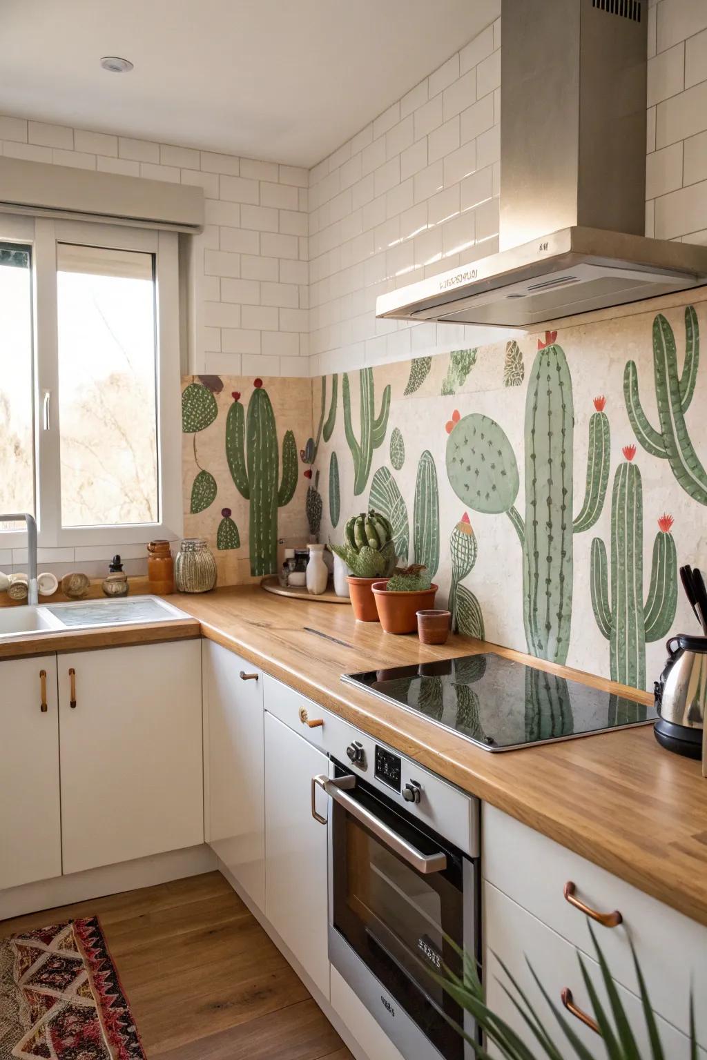 Cactus-shaped tiles add a quirky and playful element to the kitchen.