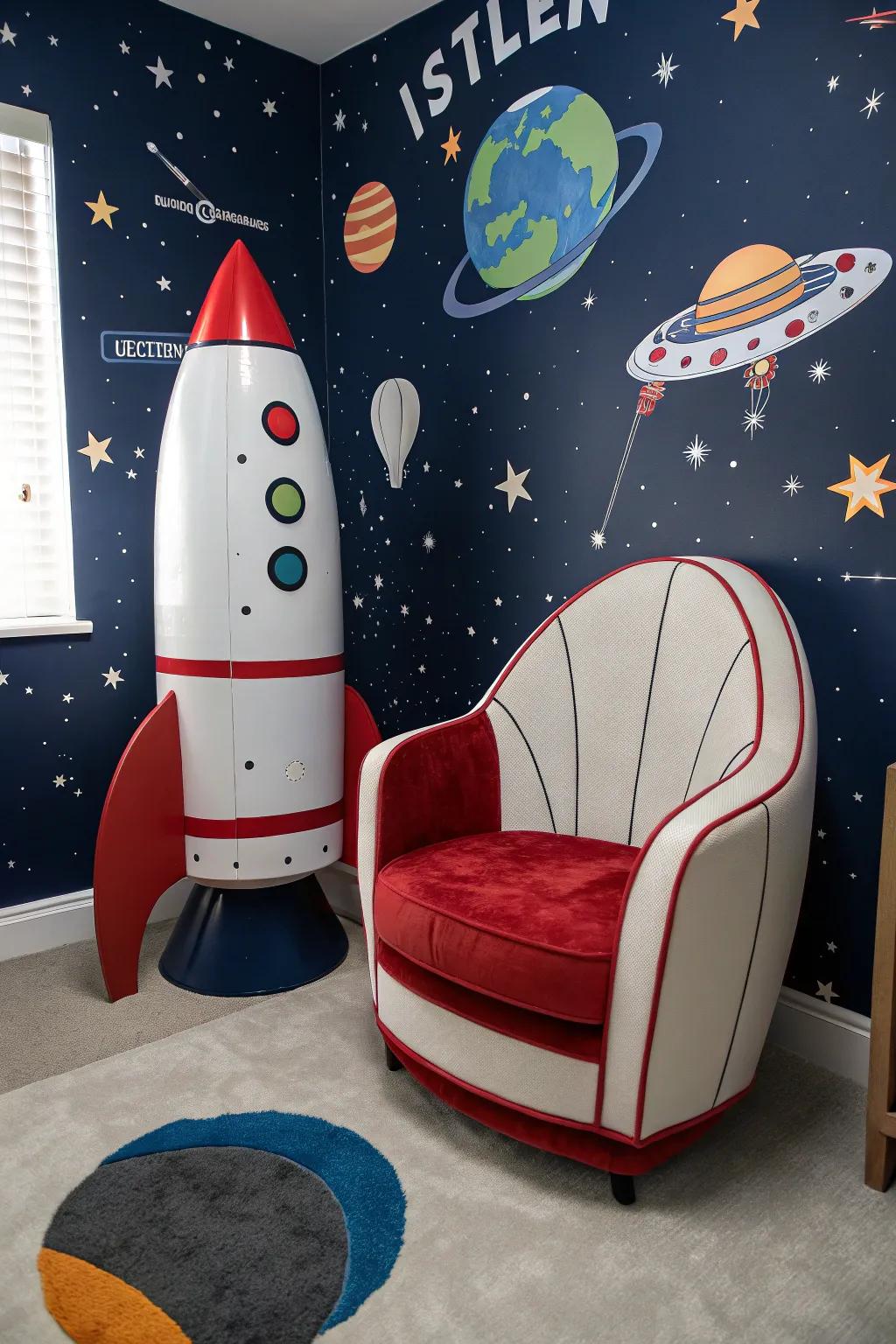 Rocket-shaped furniture adds whimsy and adventure.