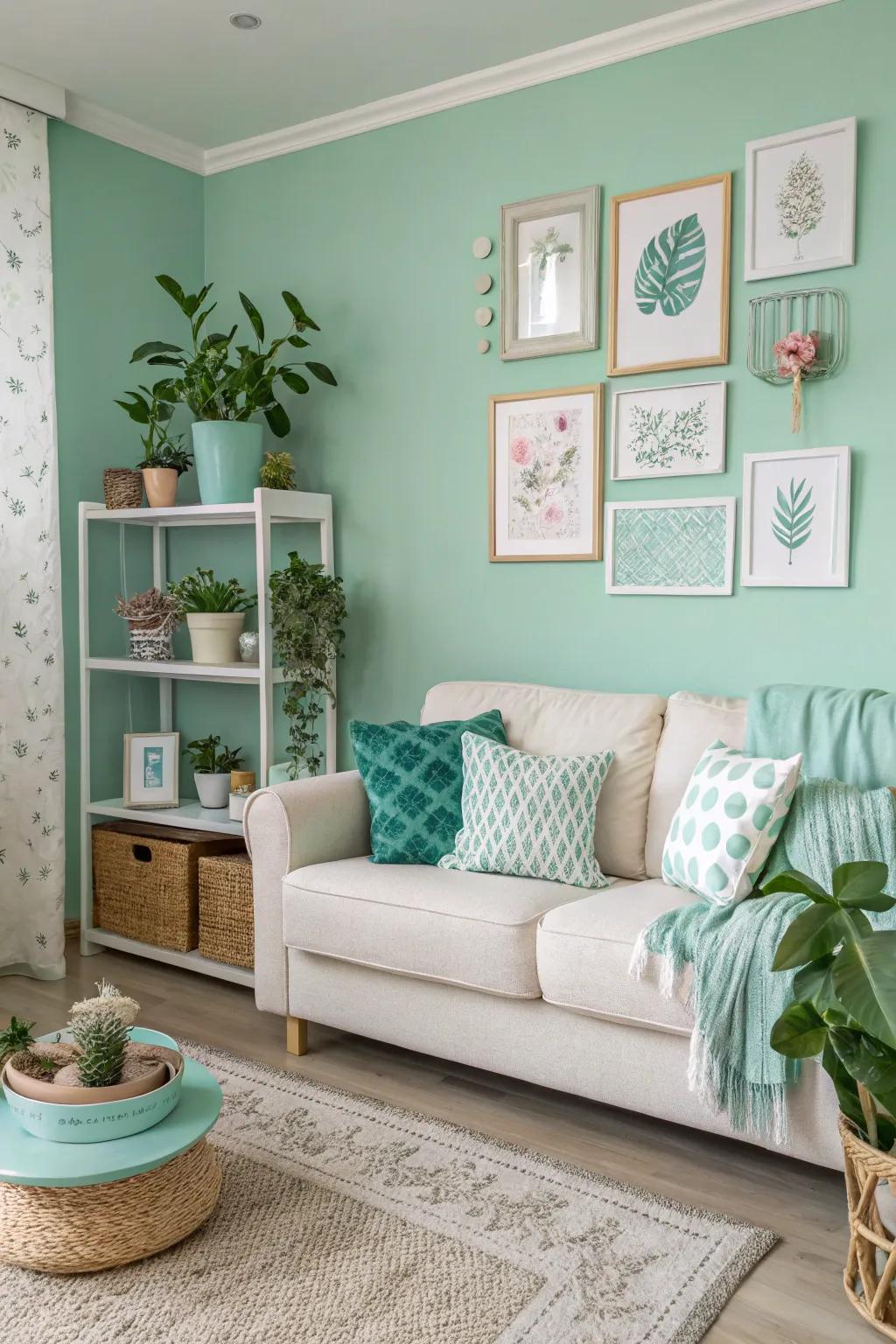 A mint-colored accent wall revitalizes the room's decor.