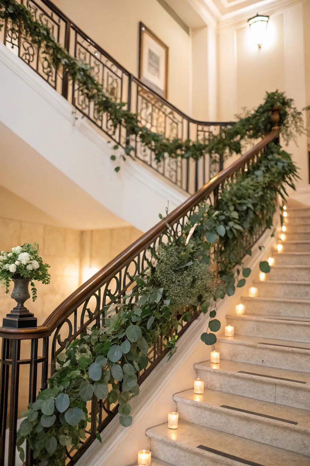 Eucalyptus garlands add sophistication to the staircase.