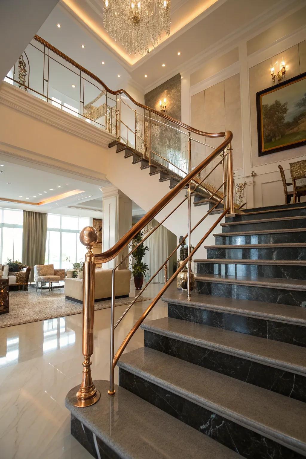Using shimmering tones will add a touch of luxury to your stairs.