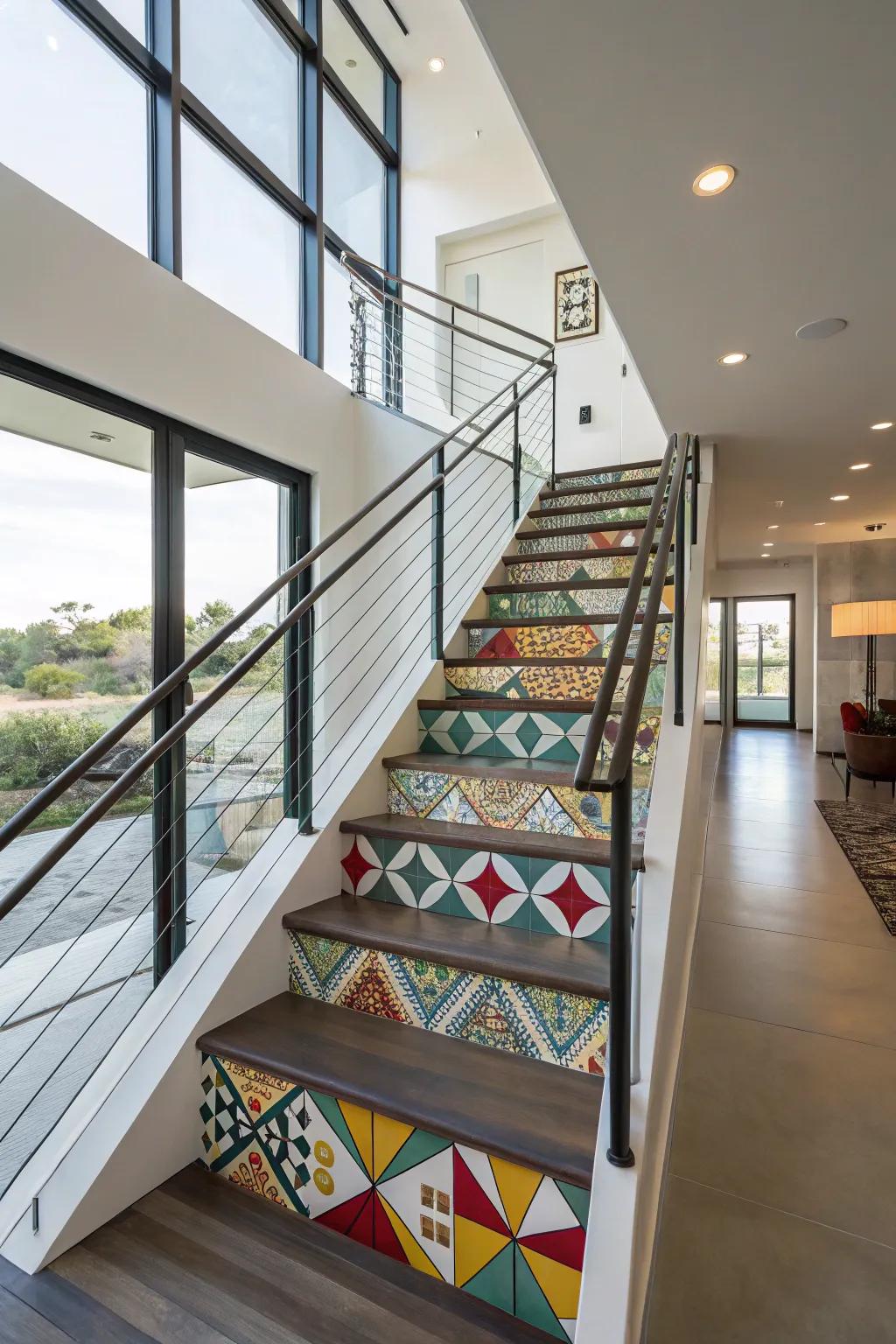 Geometric patterns add modern flair and symmetry to this staircase.