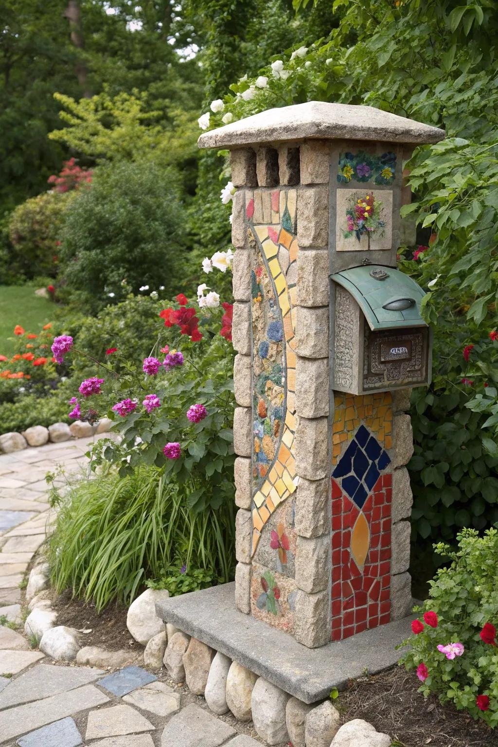 A whimsical stone mailbox pillar with vibrant mosaic designs.