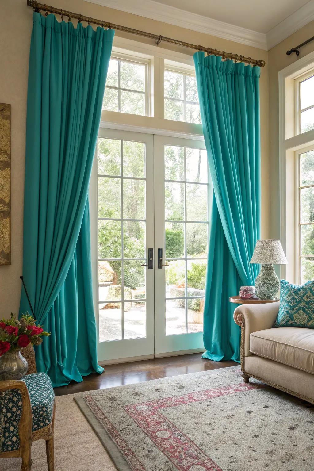 Teal and turquoise curtains add elegance and control light beautifully.