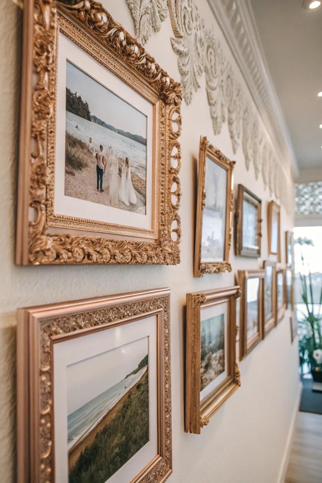 Ornate rose gold frames add elegance to personal photos.