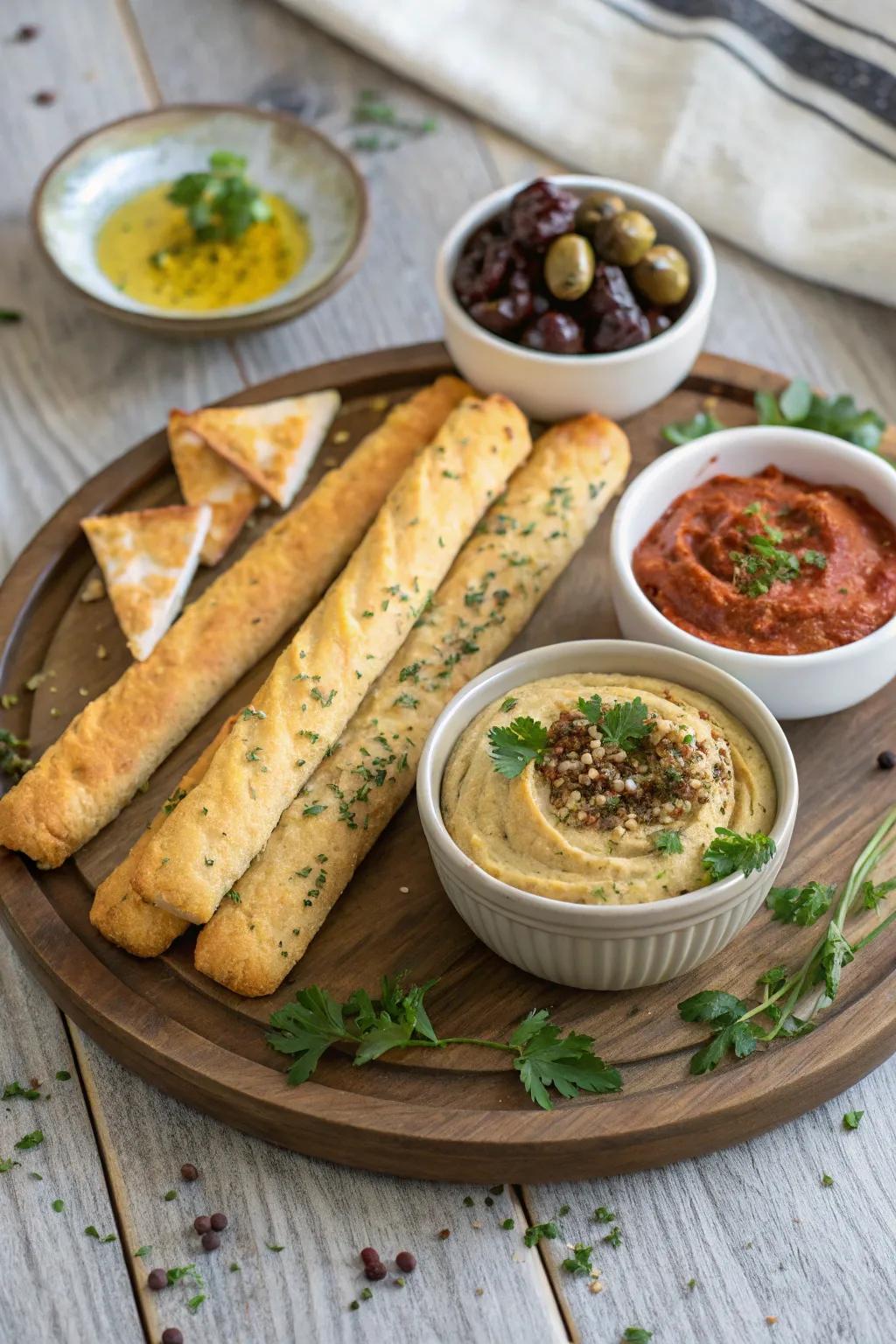 Herbed breadsticks and dips for a flavorful snack.