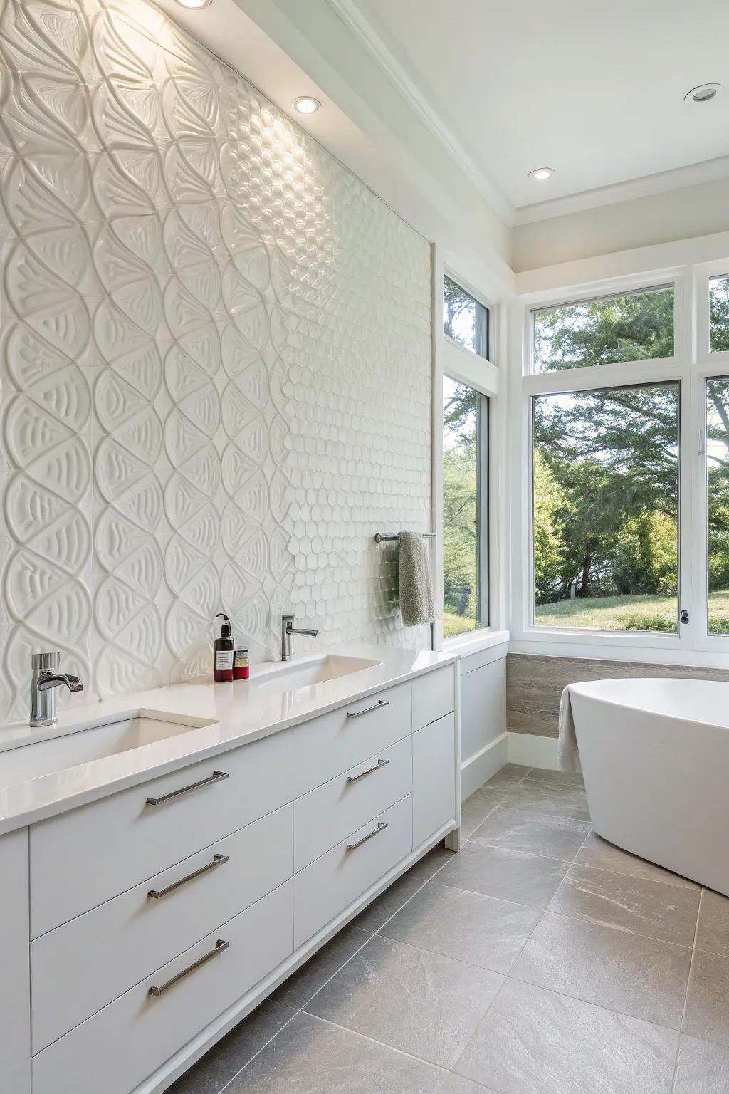 A white bathroom featuring textured wall panels that add depth and interest.