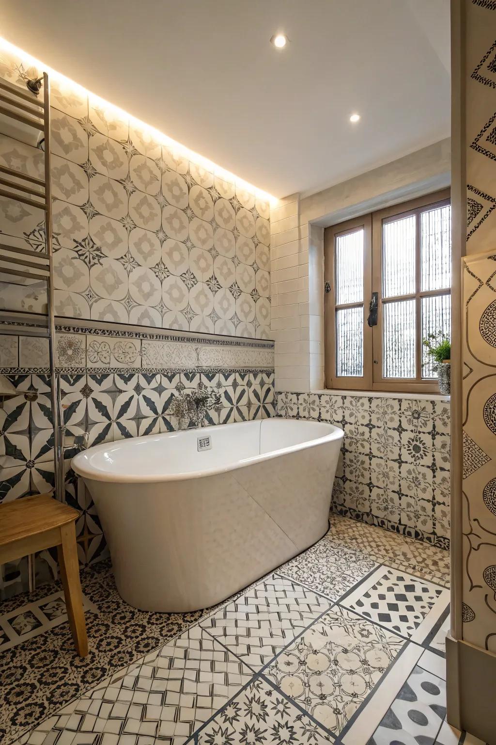 Geometric tiles add a modern and striking focal point around the tub.