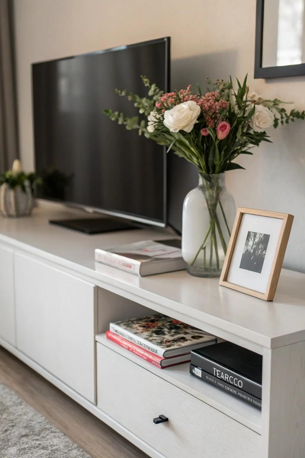 Minimalist decor approach on a TV console.