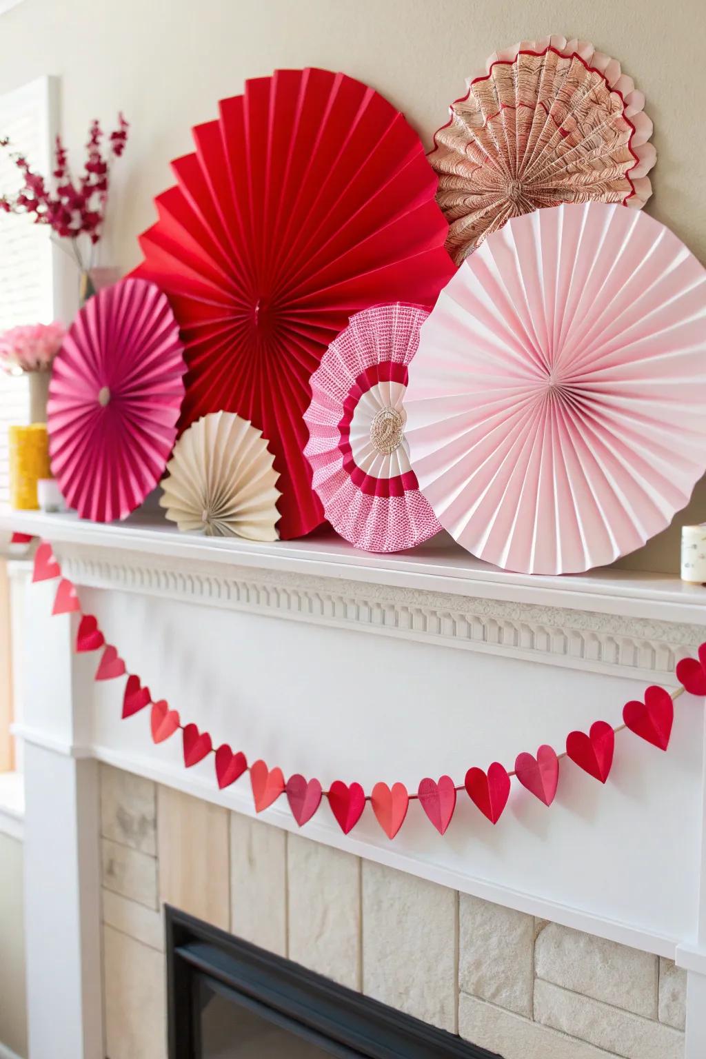 Whimsical paper fans add color and dimension to the mantel.