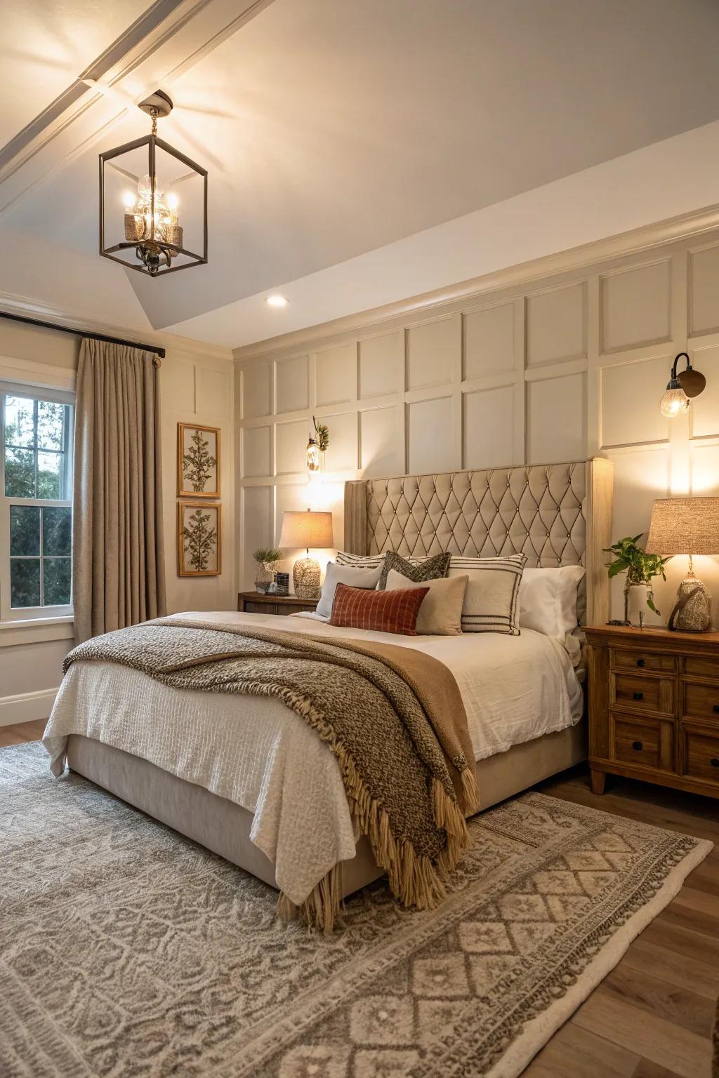 Layered textures with wainscoting create a rich and inviting atmosphere.