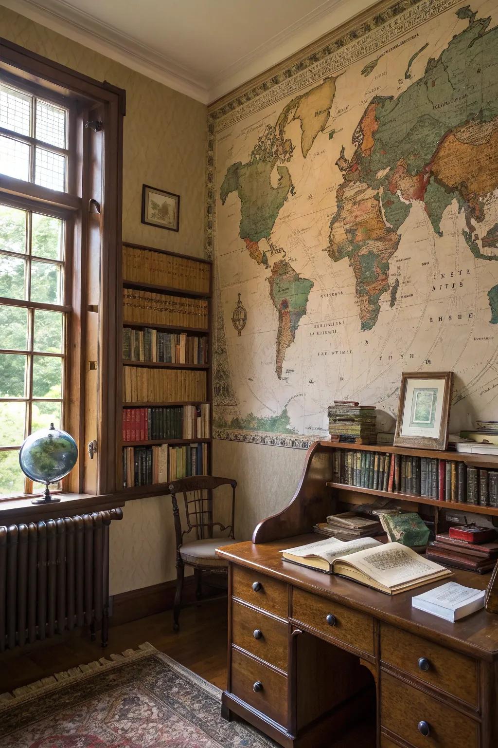 Vintage maps add character and a sense of adventure to walls.