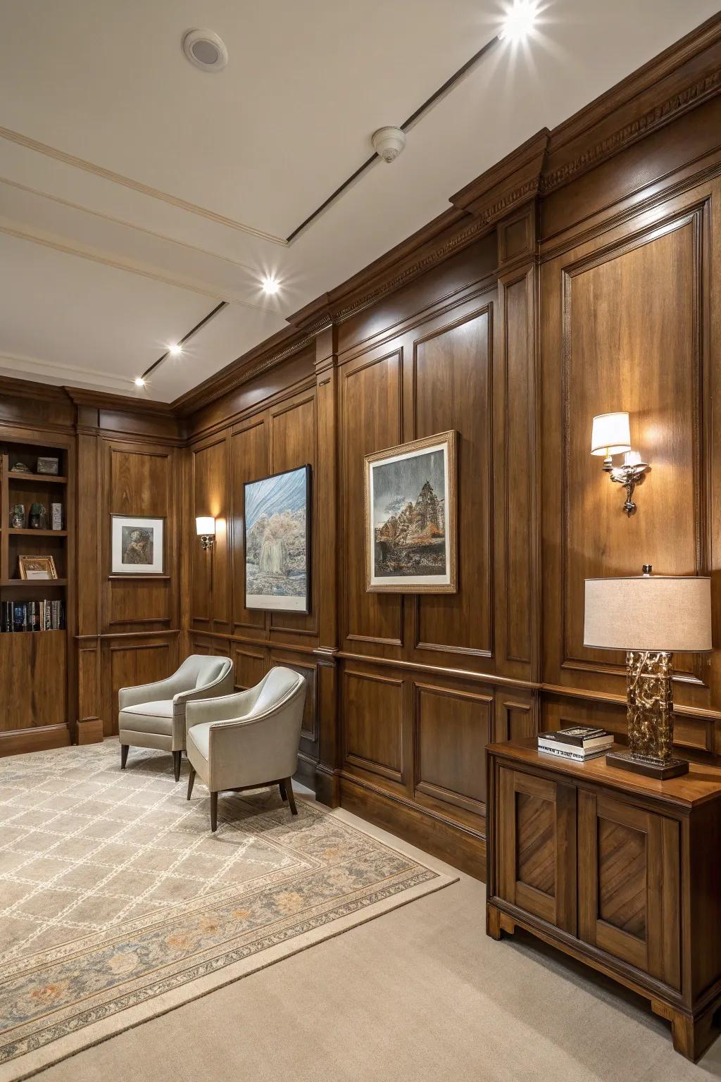 Elegance and depth with wooden wainscoting.