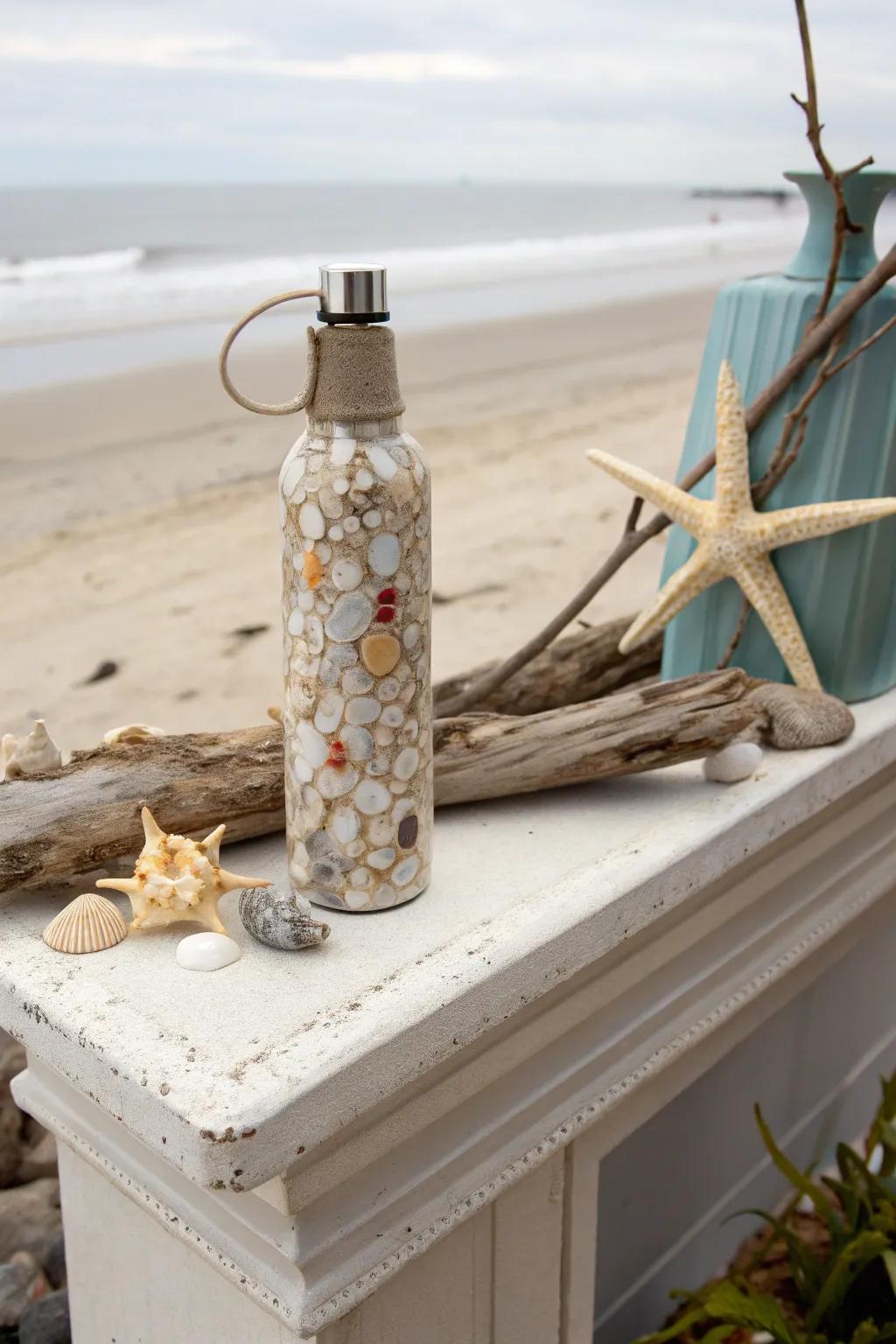 A water bottle decorated with seashells for a seaside vibe.