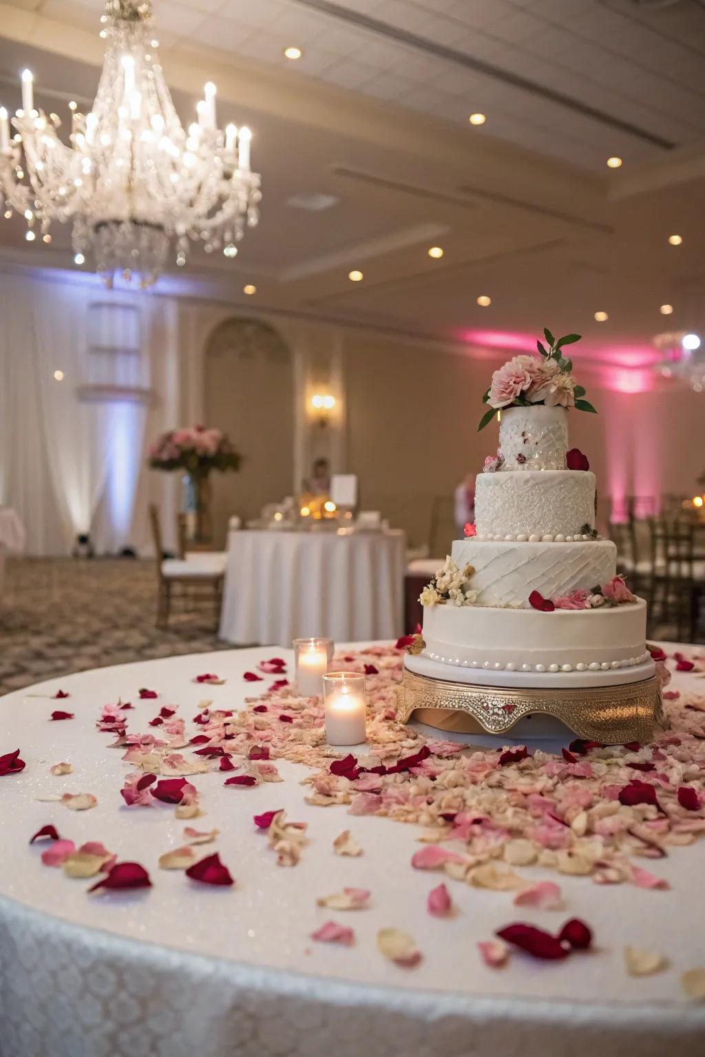 Flower petals creating a romantic aura around the wedding cake display.