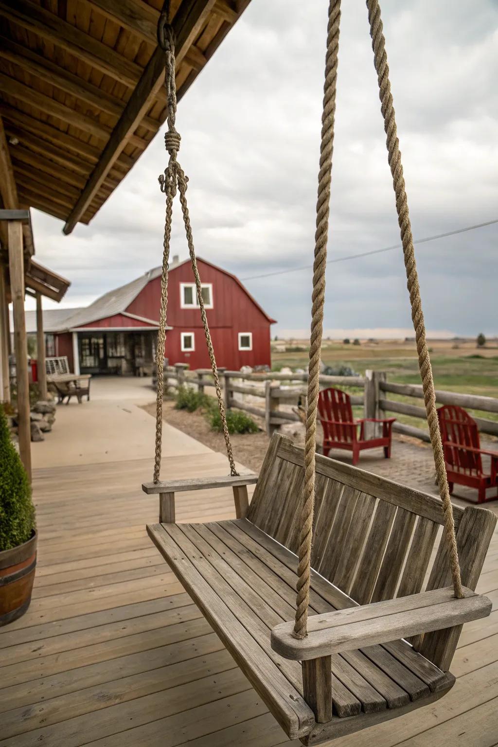 A swing injects amusement and charm to the patio.