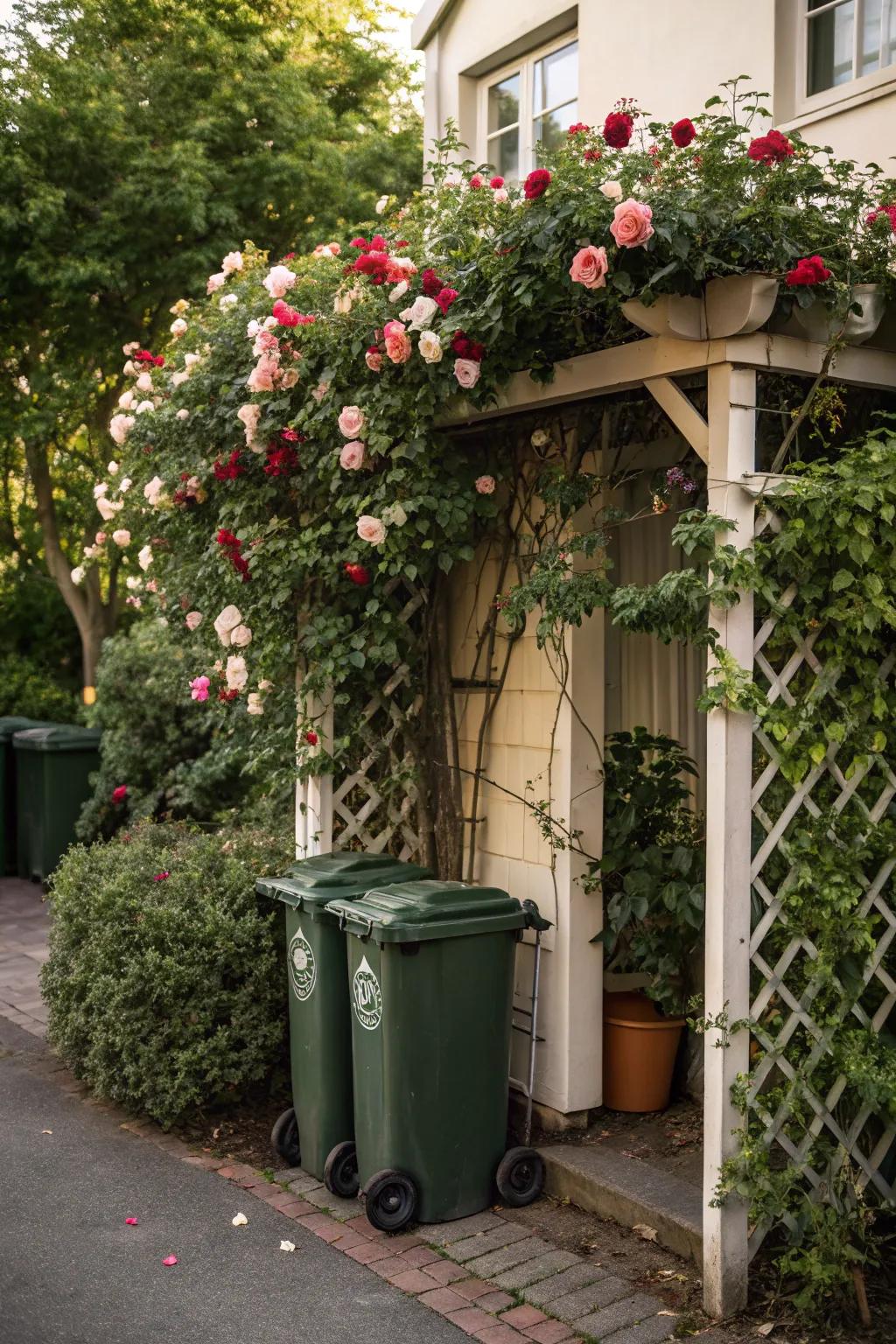 Hide bins elegantly with a decorative trellis.