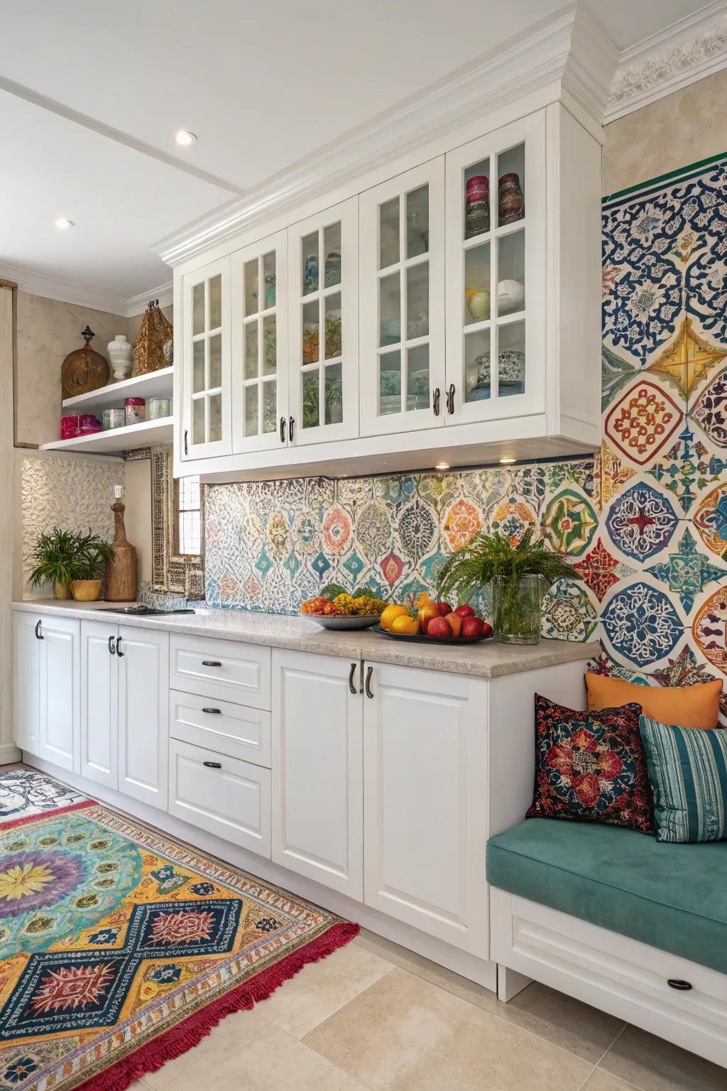 Moroccan tiles adding a vibrant flair to white cabinets.