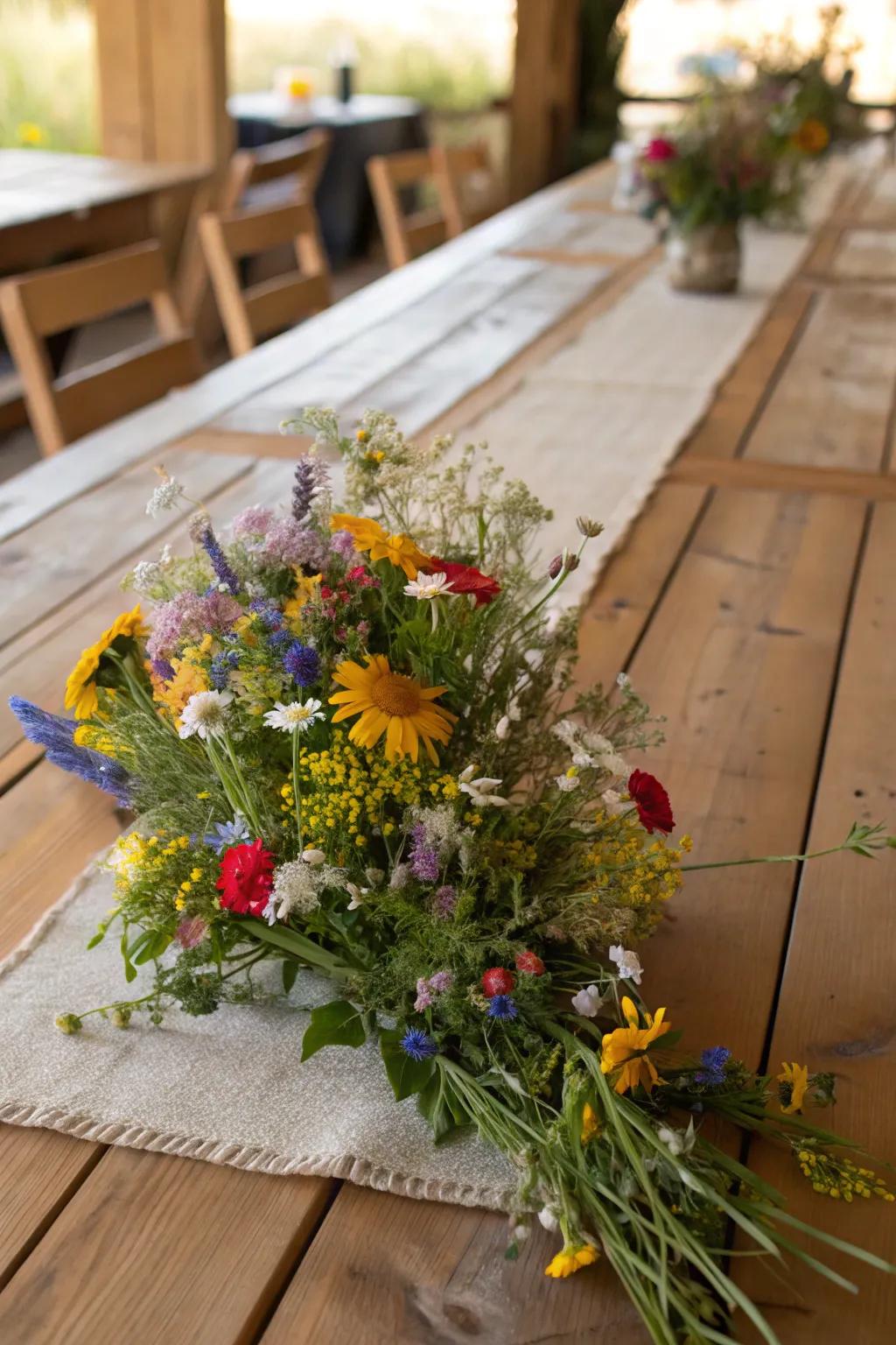 A table overlay crafted from wildflowers constructs a stunning visual effect.