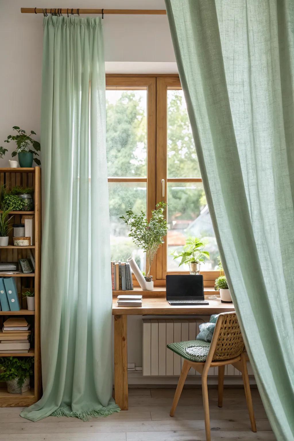 Sustainable curtains crafted from reused materials in this dwelling workplace.