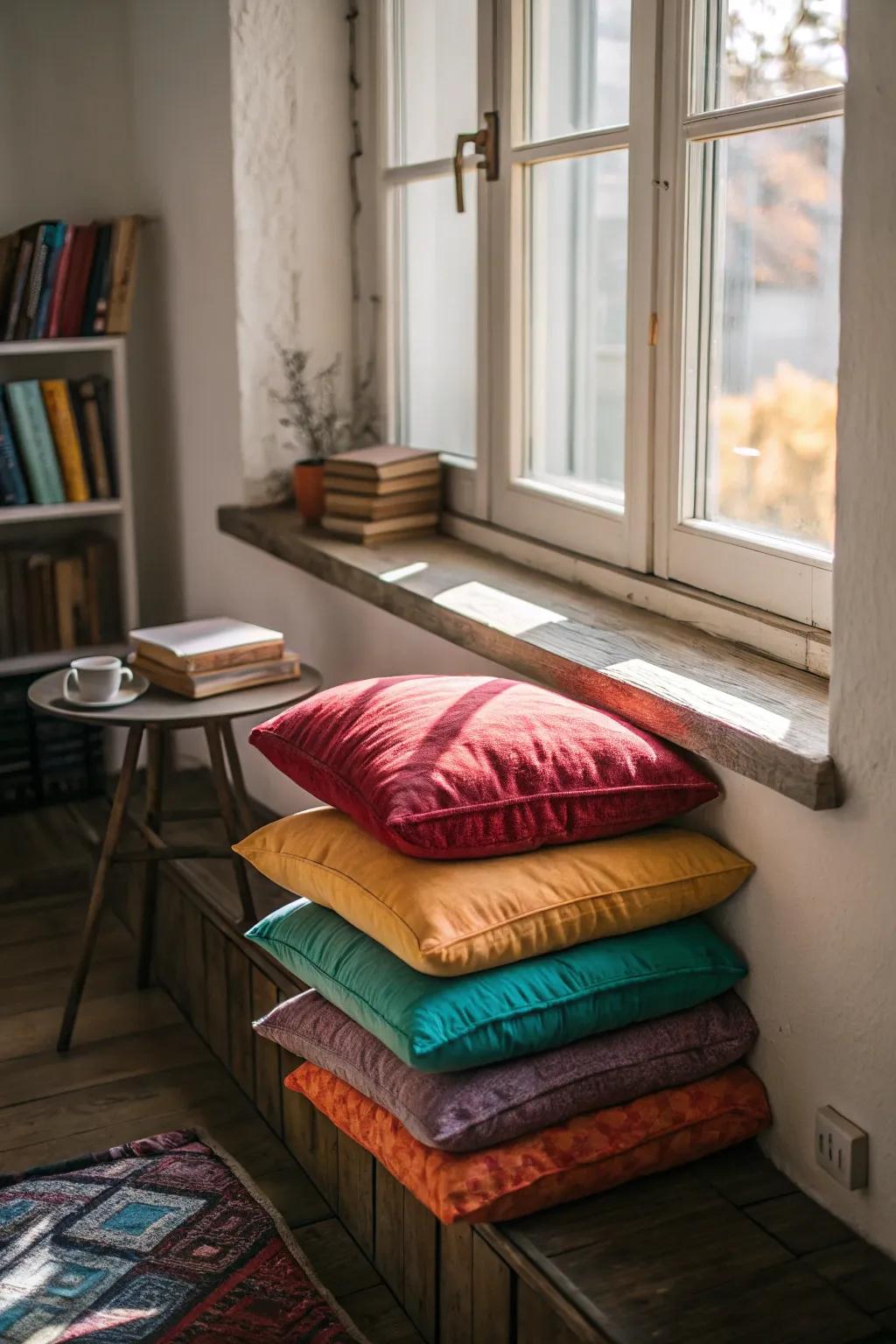 A window nook with floor pillows that offer flexible seating.