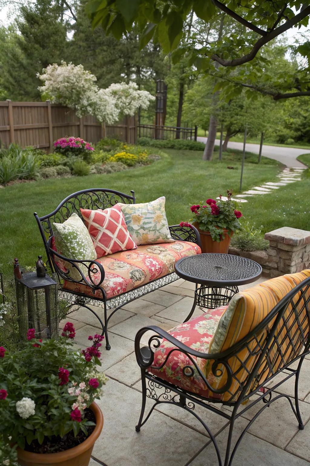 Diverse cushion styles add a stylish touch to cast metal furnishings.