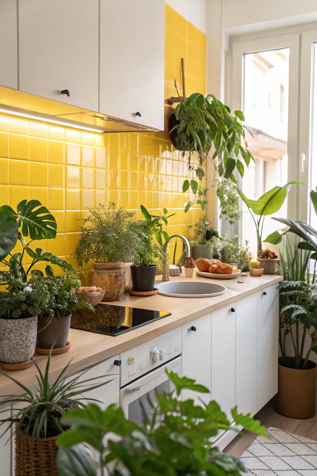 Indoor plants complement the yellow backsplash beautifully.