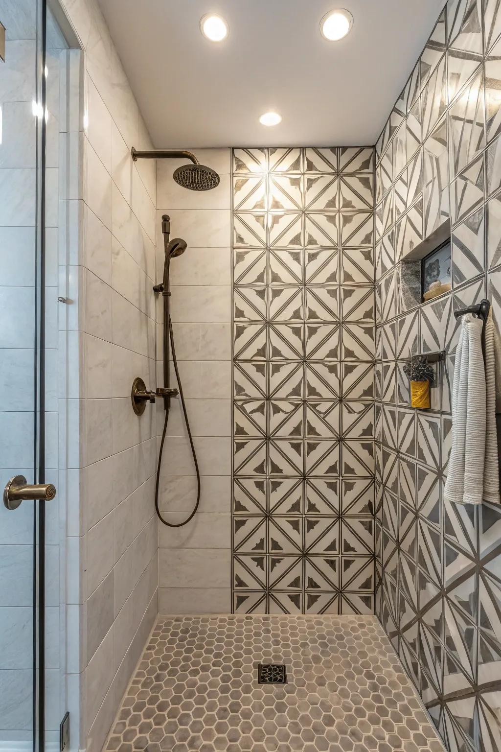 Geometric patterns add a modern and artistic touch to your shower.