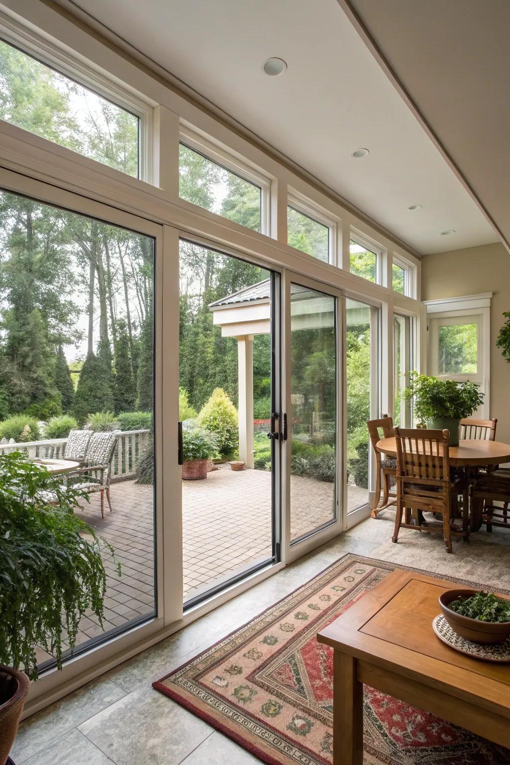 Sliding doors offer seamless indoor-outdoor flow.