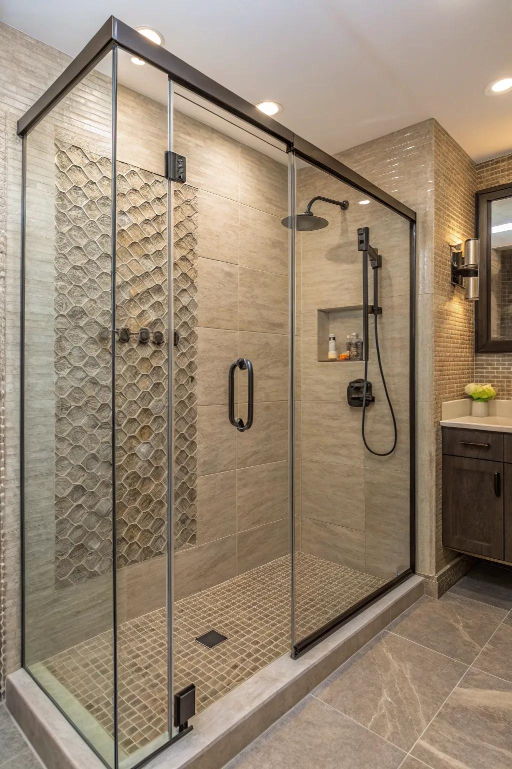 Textured walls add depth and character to a small shower.