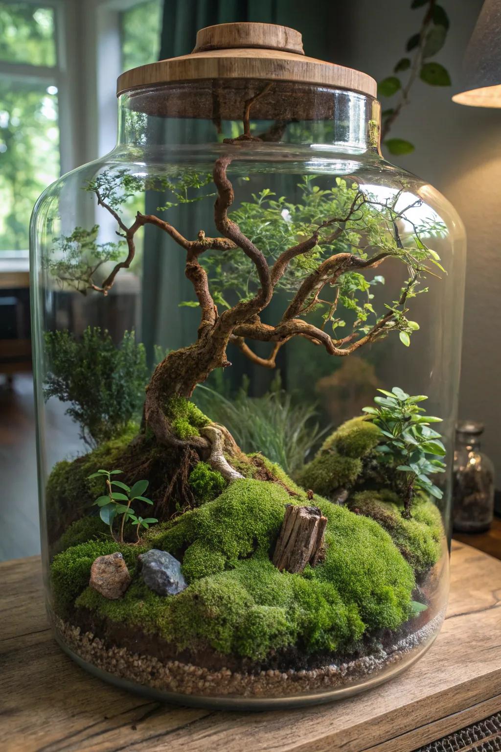 A mystical forest terrarium with enchanting elements.