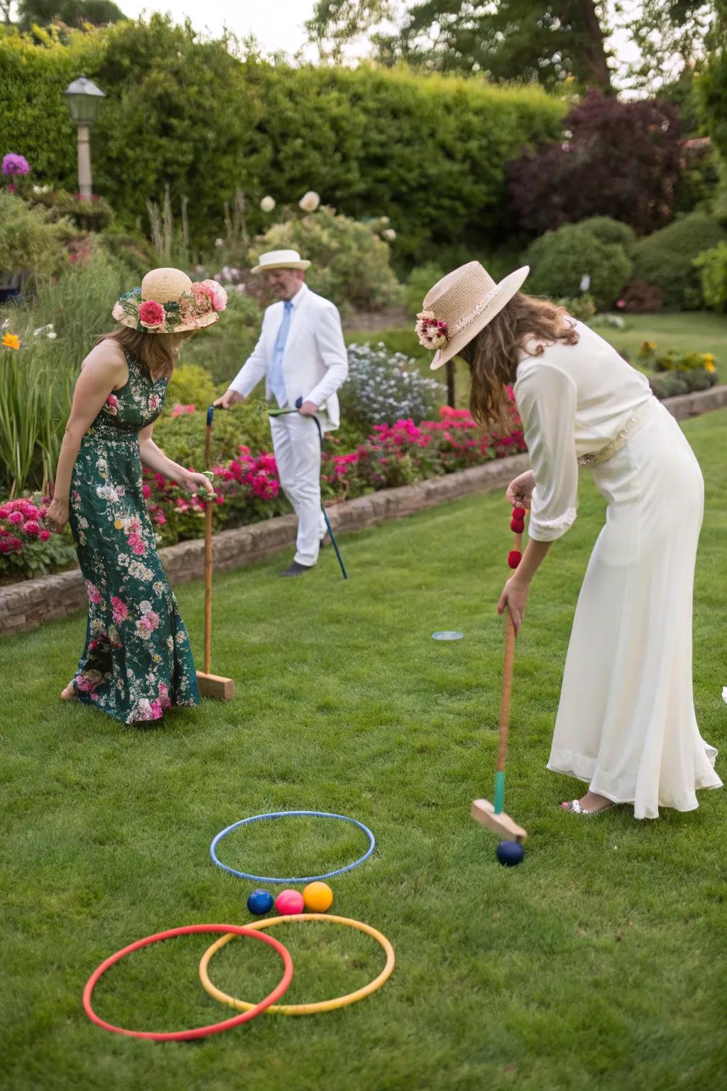 Guests enjoy classic garden games in a lush setting.