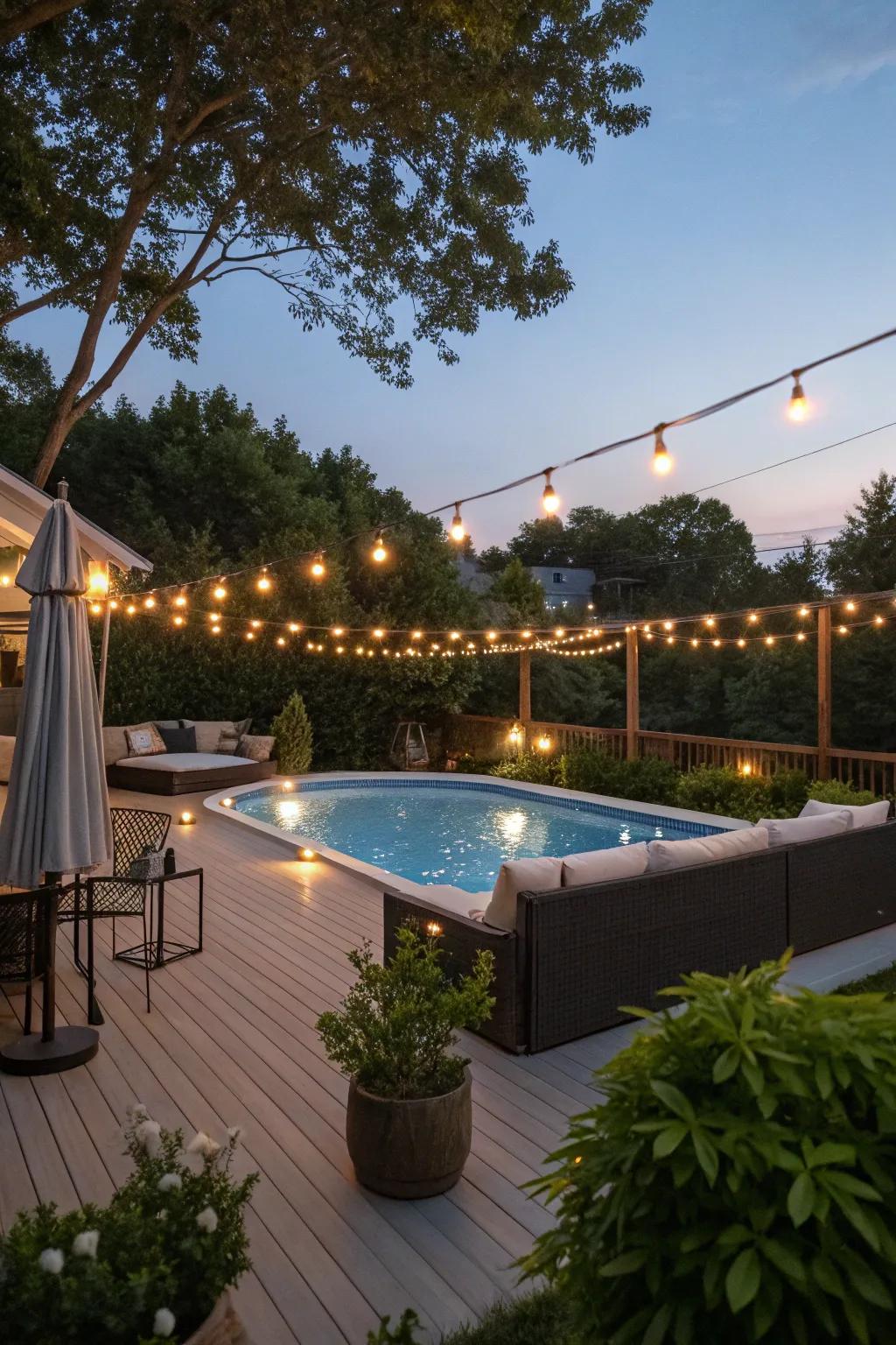 Ambient lighting transforms your pool deck into a nighttime oasis.