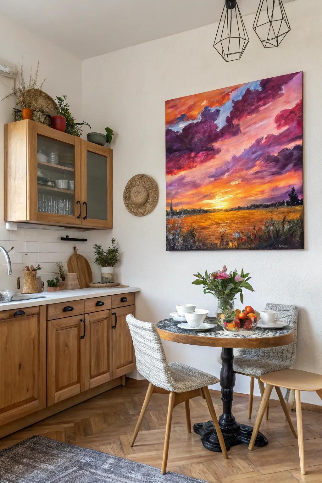 Vibrant sunset painting warming up the kitchen space