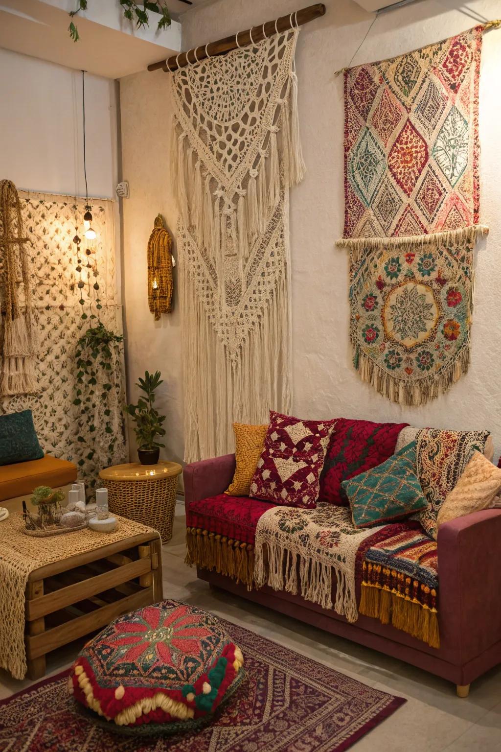 Bohemian elements create a relaxed and cozy feel.