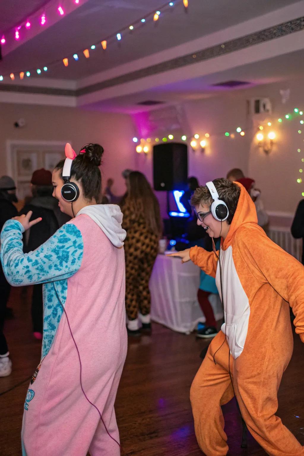 A lively silent disco with costumed partygoers.