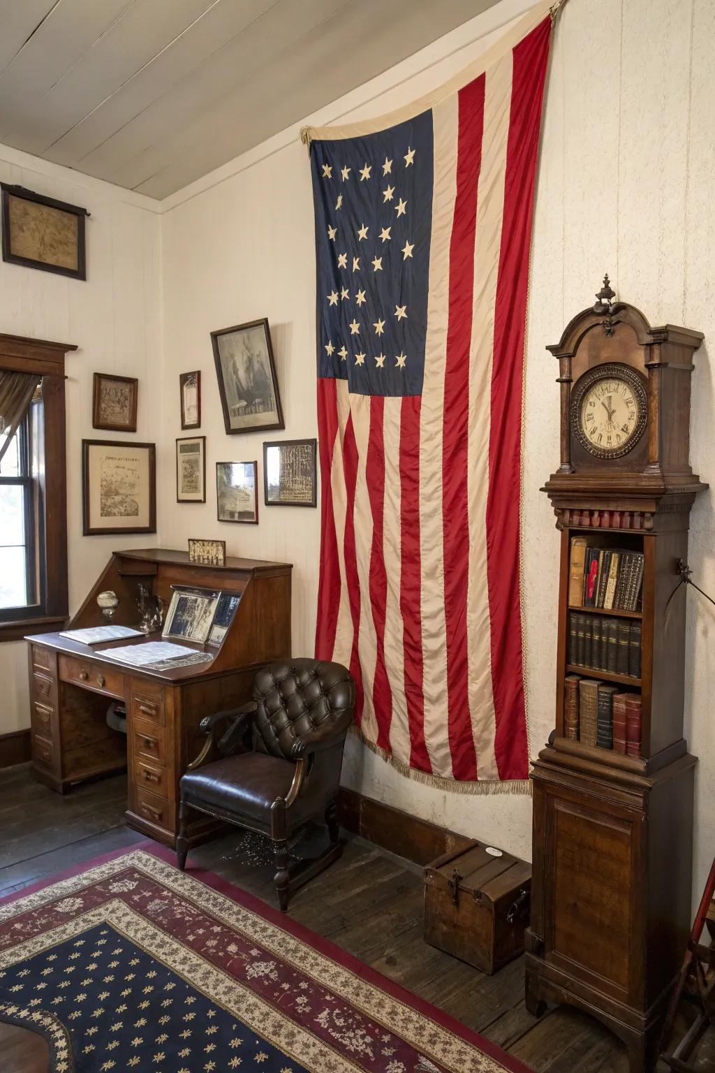 A vintage flag display adds nostalgia and charm.