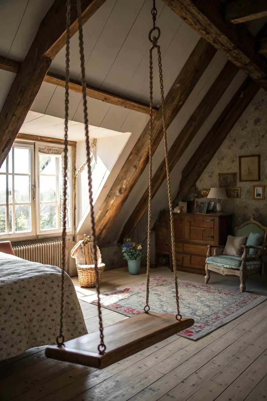 A swing adds a fun and whimsical touch to your attic bedroom.