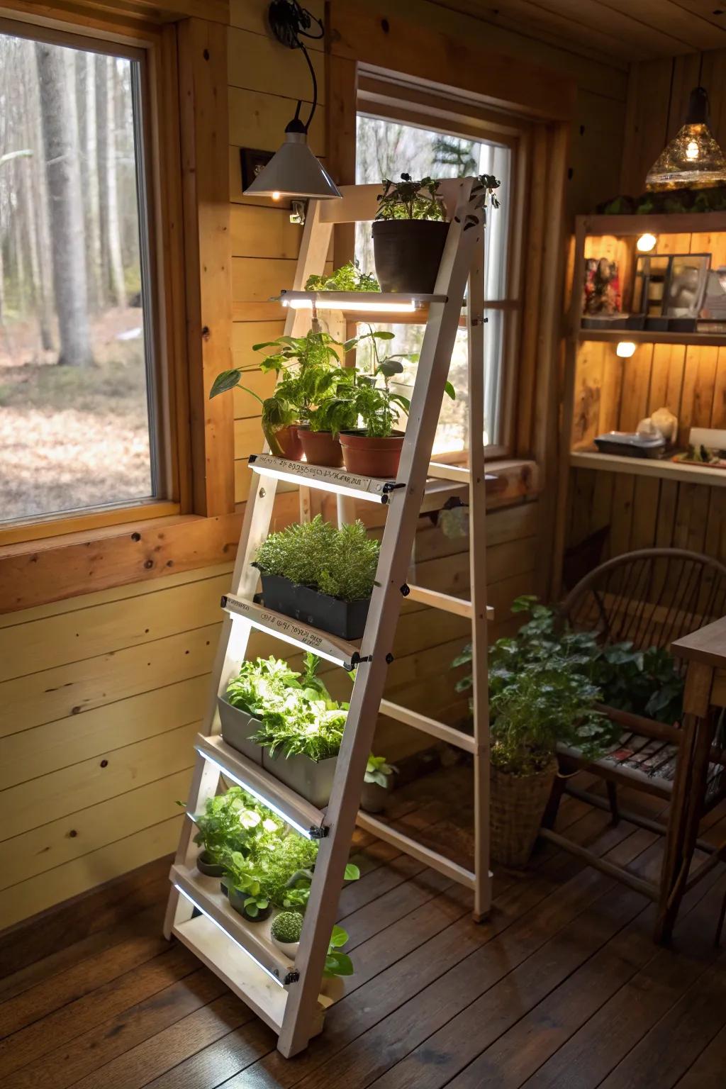 A garden ladder with grow lights as a rustic home decor focal point.