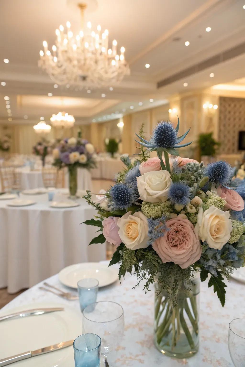 Blue floral centerpieces add texture and depth to the decor.