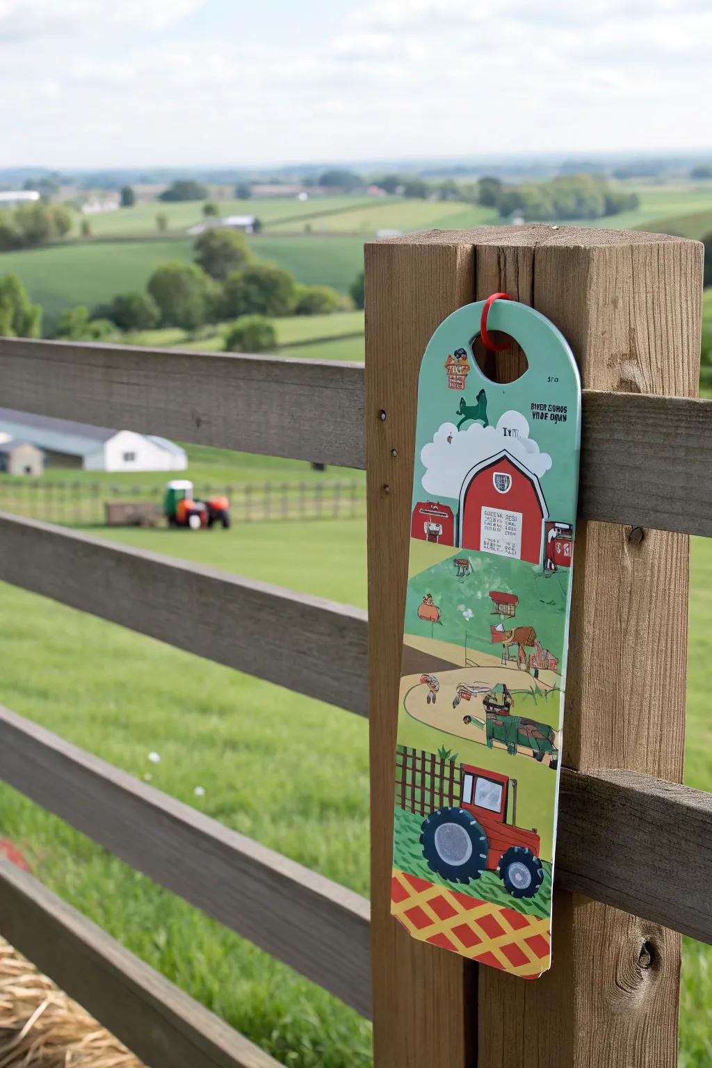 A playful farmyard-themed door hanger with rural charm.