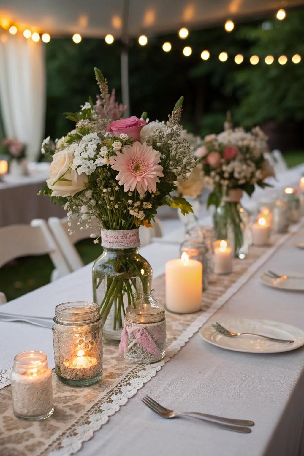 Countryside nuptial decoration employing preserving jars adds elegance to celebrations.