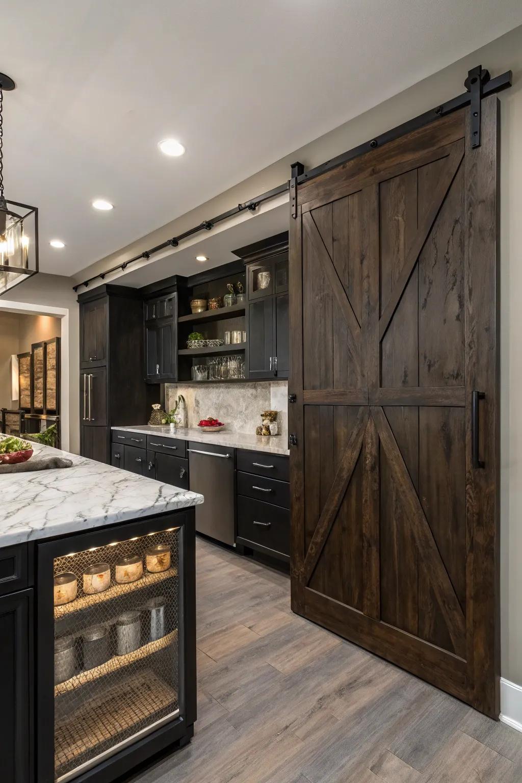 A kitchen with a sliding barn door pantry in dark tones.