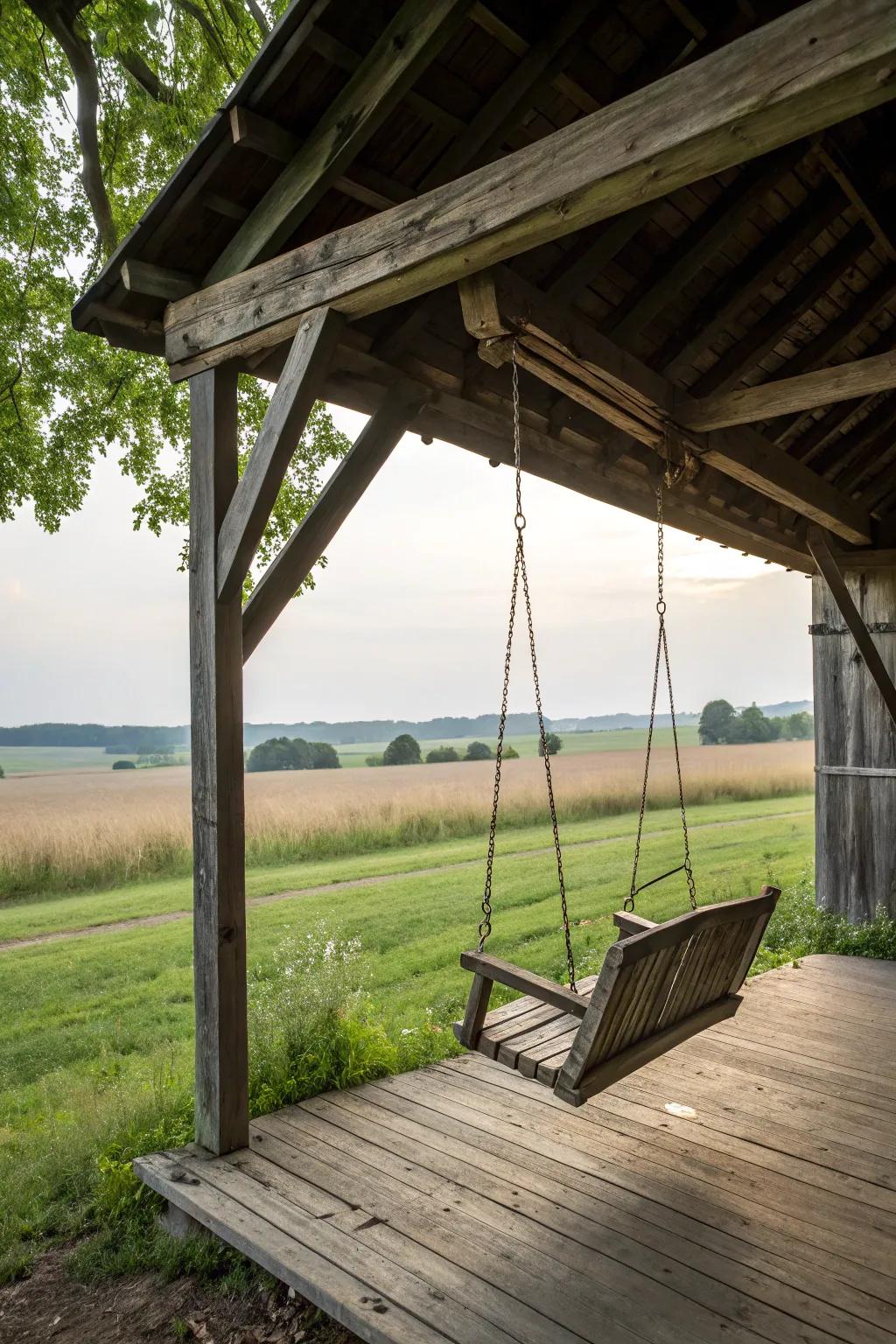 A playful swing under the barn overhang.