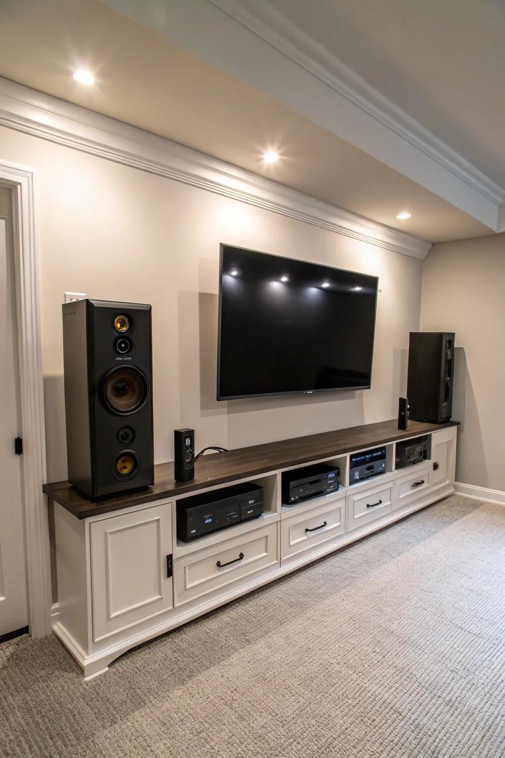 A basement TV wall featuring sleek wall-mounted speakers for an enhanced audio experience.