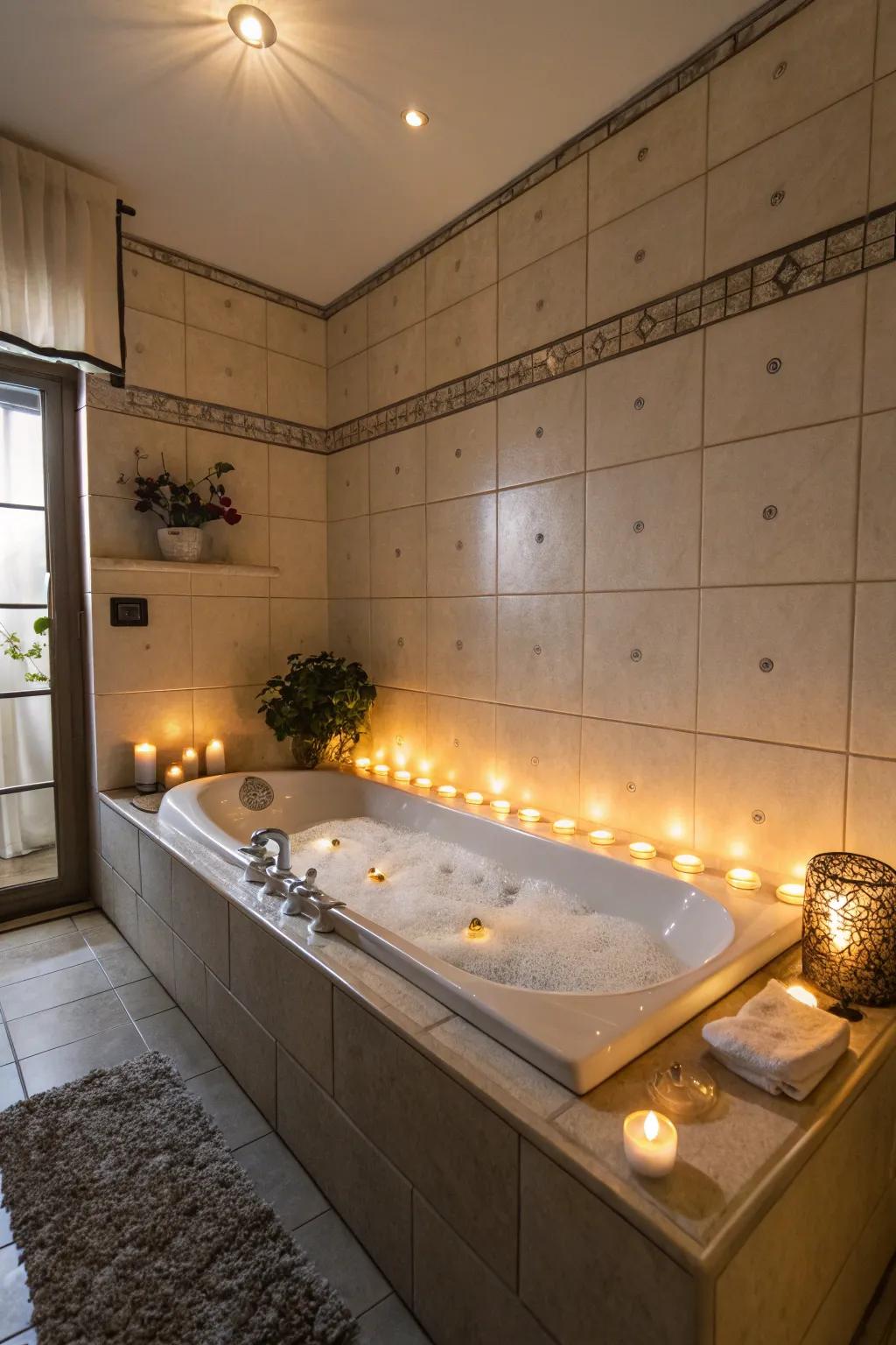 Ambient lighting enhances relaxation in this bathroom.